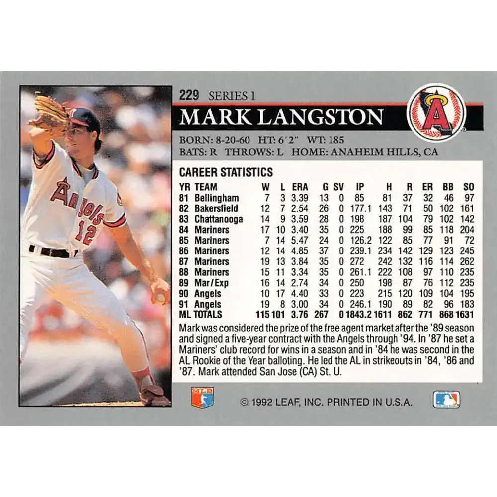 1992 Leaf #229 Mark Langston NM-MT California Angels Baseball Card - Baseball Card Single
