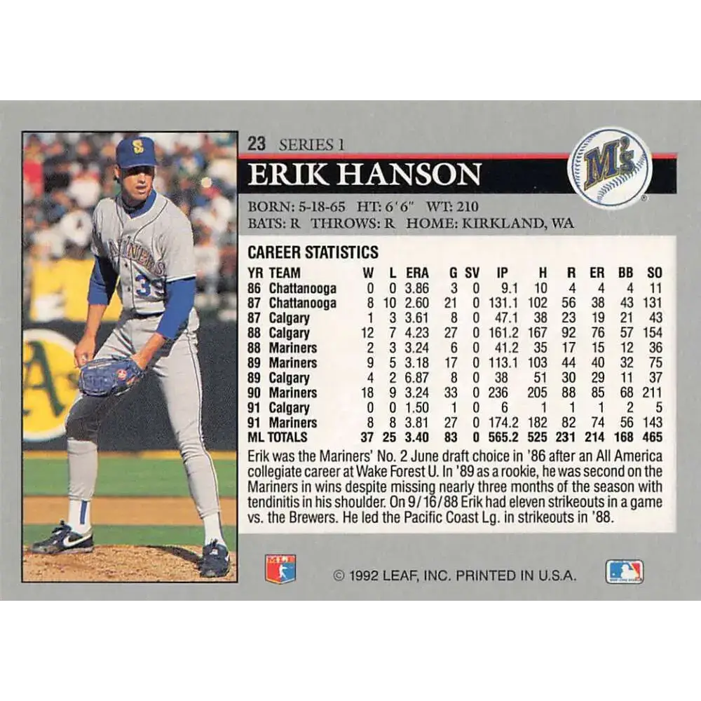 1992 Leaf #23 Erik Hanson NM-MT Seattle Mariners Baseball Card - Baseball Card Single