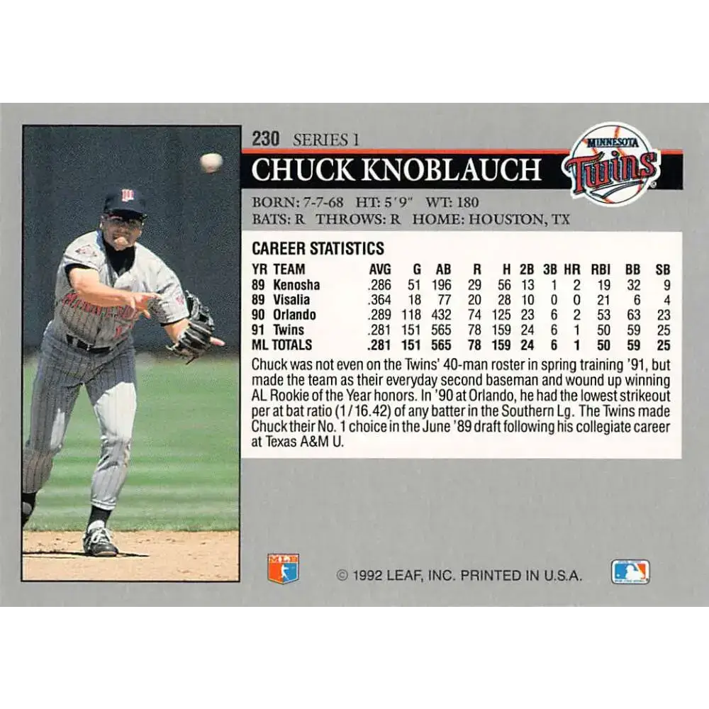 1992 Leaf #230 Chuck Knoblauch NM-MT Minnesota Twins Baseball Card - Baseball Card Single