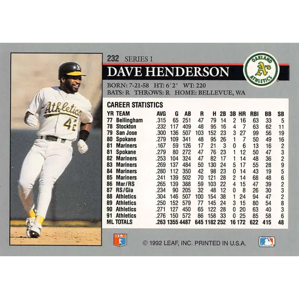 1992 Leaf #232 Dave Henderson NM-MT Oakland Athletics Baseball Card - Baseball Card Single