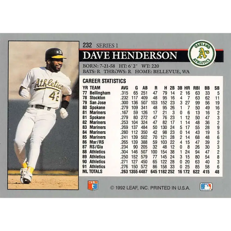 1992 Leaf #232 Dave Henderson NM-MT Oakland Athletics Baseball Card - Baseball Card Single