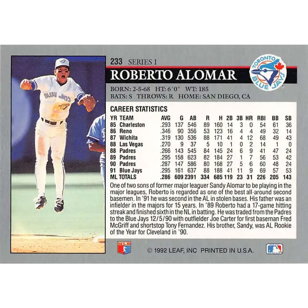 1992 Leaf #233 Roberto Alomar NM-MT Toronto Blue Jays Baseball Card - Baseball Card Single