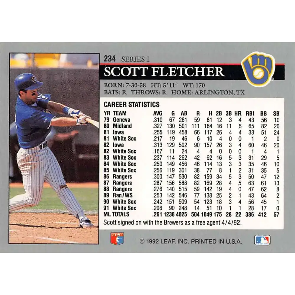 1992 Leaf #234 Scott Fletcher NM-MT Milwaukee Brewers Baseball Card - Baseball Card Single