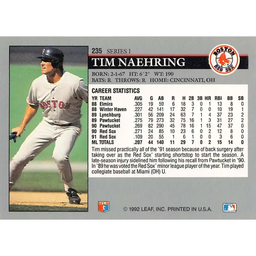 1992 Leaf #235 Tim Naehring NM-MT Boston Red Sox Baseball Card - Baseball Card Single