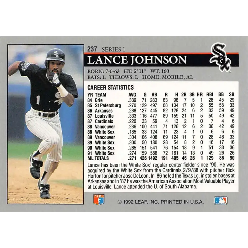 1992 Leaf #237 Lance Johnson NM-MT Chicago White Sox Baseball Card - Baseball Card Single
