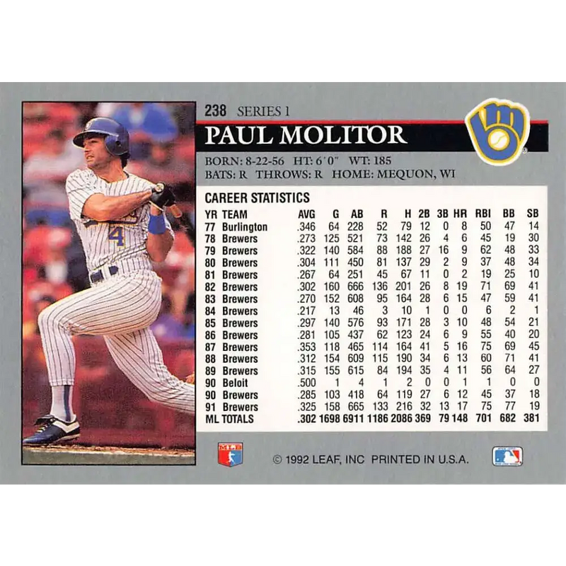 1992 Leaf #238 Paul Molitor NM-MT Milwaukee Brewers Baseball Card - Baseball Card Single