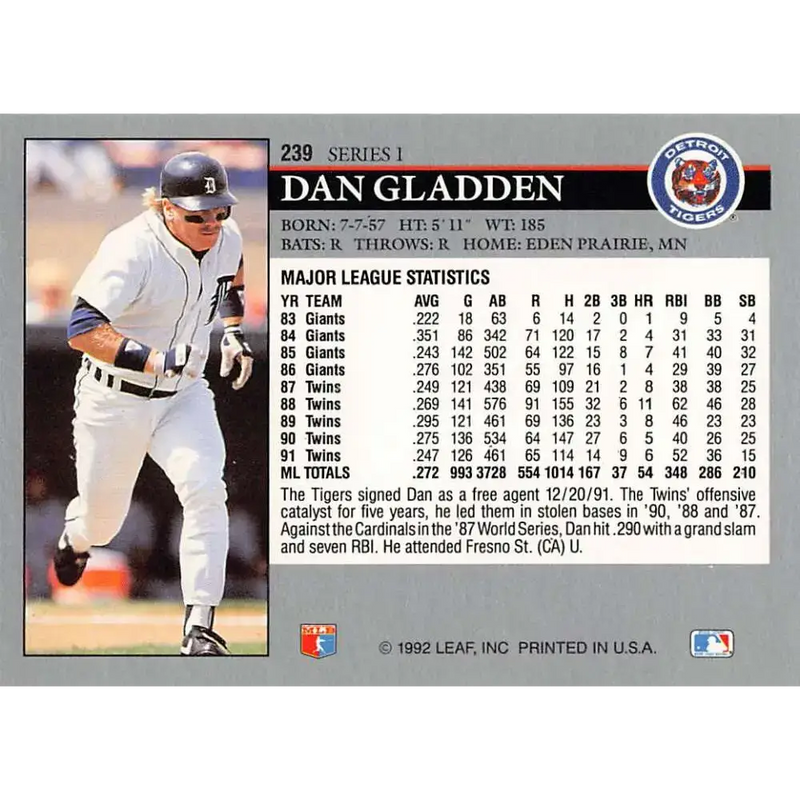 1992 Leaf #239 Dan Gladden NM-MT Detroit Tigers Baseball Card - Baseball Card Single