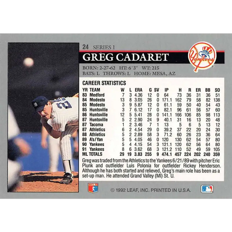 1992 Leaf #24 Greg Cadaret NM-MT New York Yankees Baseball Card - Baseball Card Single