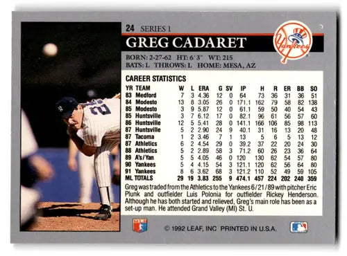Original gloss 1992 Leaf Greg Cadaret baseball card featuring mint Yankees ID 71698