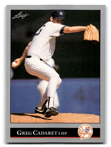 Original gloss Greg Cadaret baseball card featuring Mint Yankees from 1992 Leaf #24