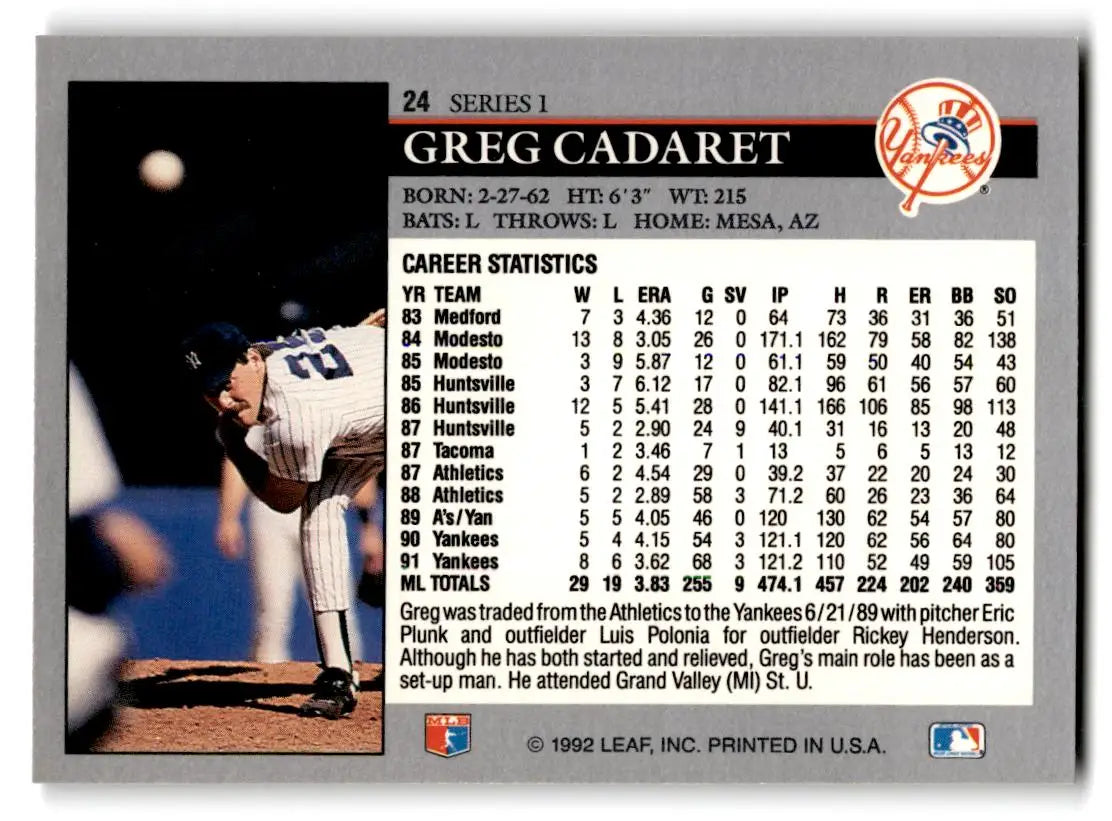 1992 Leaf #24 Greg Cadaret - Baseball Card Single