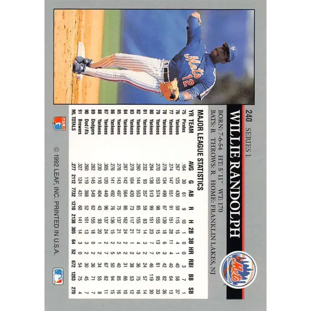 1992 Leaf #240 Willie Randolph NM-MT New York Mets Baseball Card - Baseball Card Single
