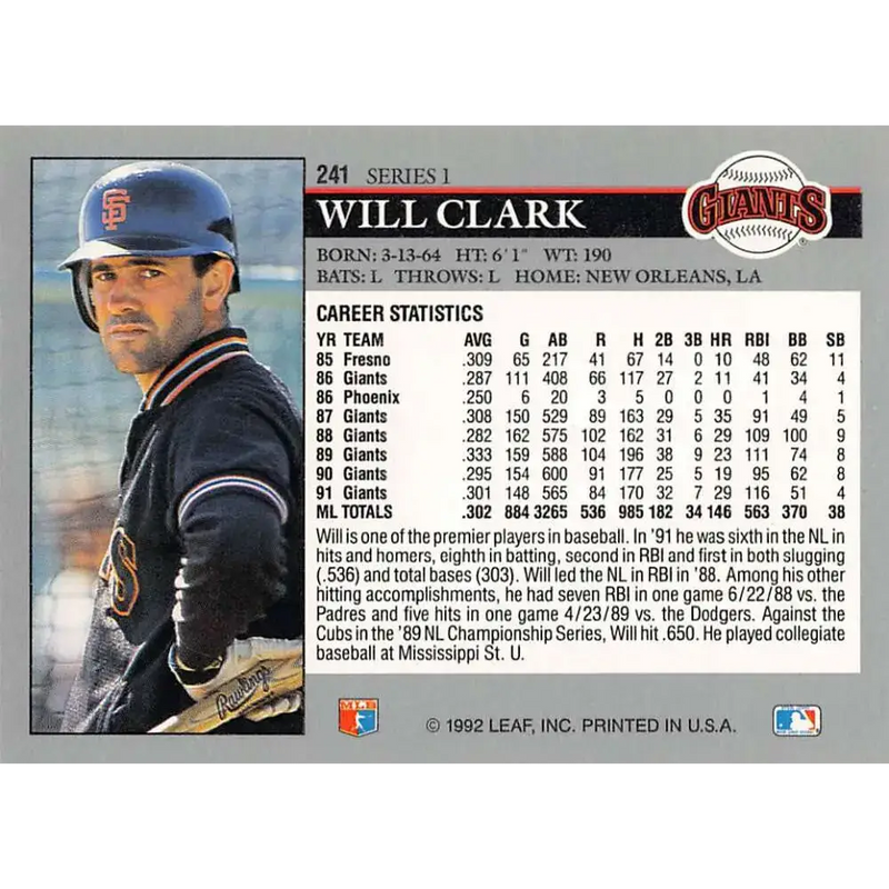1992 Leaf #241 Will Clark NM-MT San Francisco Giants Baseball Card - Baseball Card Single