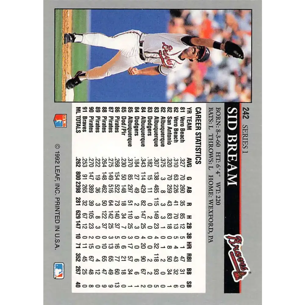 1992 Leaf #242 Sid Bream NM-MT Atlanta Braves Baseball Card - Baseball Card Single
