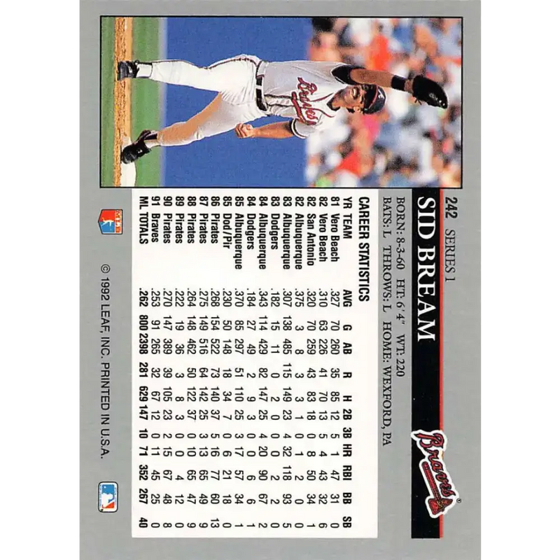 1992 Leaf #242 Sid Bream NM-MT Atlanta Braves Baseball Card - Baseball Card Single
