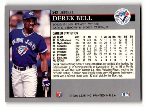 Derek Bell baseball card with original gloss from 1992 Leaf Blue Jays series