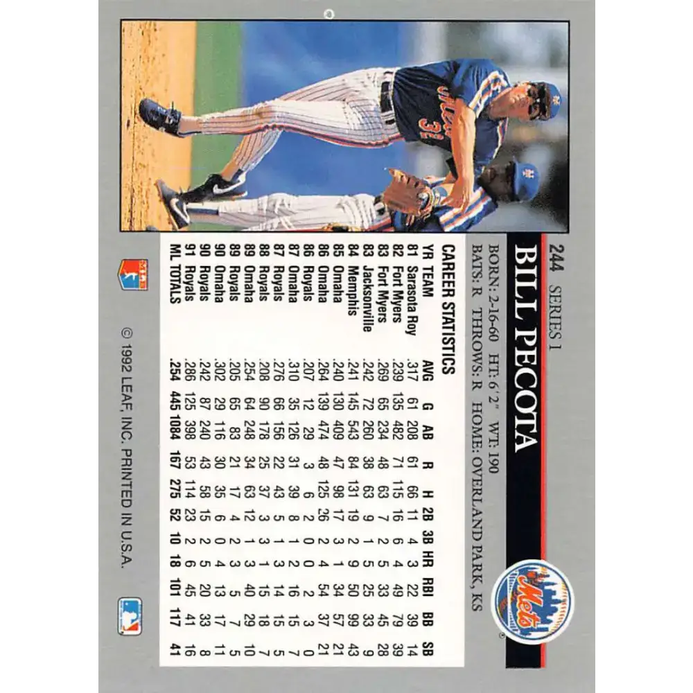 1992 Leaf #244 Bill Pecota NM-MT New York Mets Baseball Card - Baseball Card Single