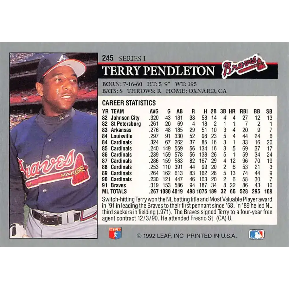 1992 Leaf #245 Terry Pendleton NM-MT Atlanta Braves Baseball Card - Baseball Card Single