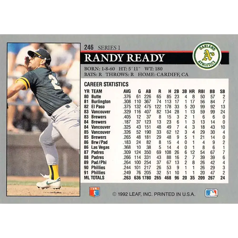 1992 Leaf #246 Randy Ready NM-MT Oakland Athletics Baseball Card - Baseball Card Single