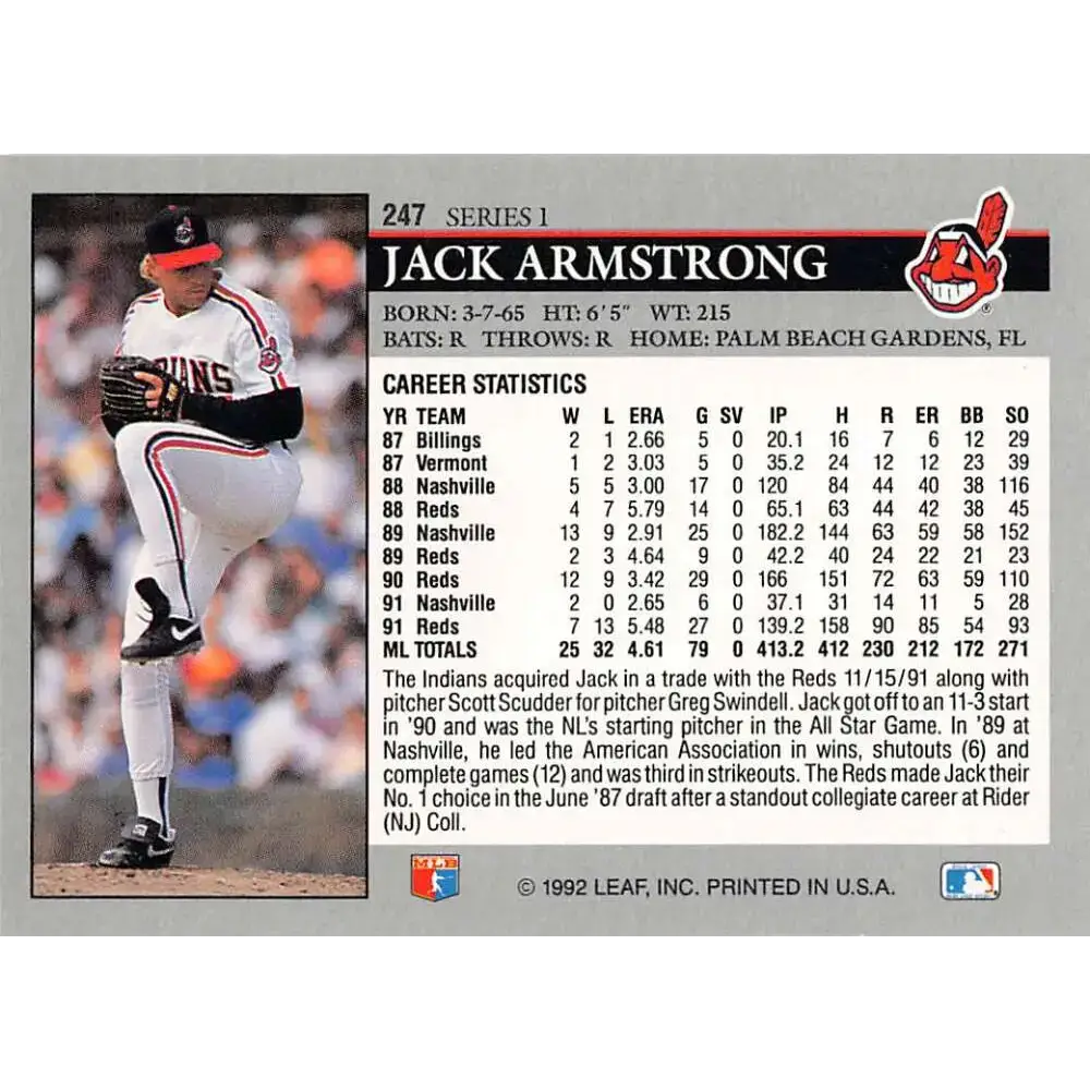 1992 Leaf #247 Jack Armstrong NM-MT Cleveland Indians Baseball Card - Baseball Card Single