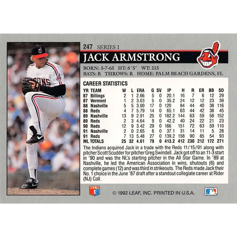 1992 Leaf #247 Jack Armstrong NM-MT Cleveland Indians Baseball Card - Baseball Card Single