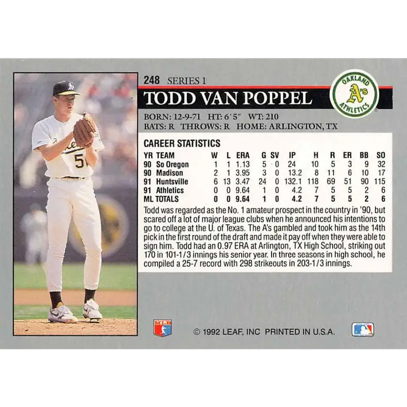 1992 Leaf #248 Todd Van Poppel NM-MT Oakland Athletics Baseball Card - Baseball Card Single