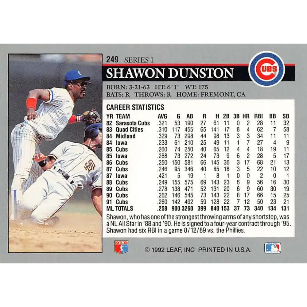 1992 Leaf #249 Shawon Dunston NM-MT Chicago Cubs Baseball Card - Baseball Card Single
