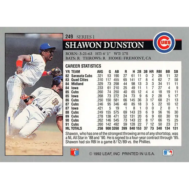 1992 Leaf #249 Shawon Dunston NM-MT Chicago Cubs Baseball Card - Baseball Card Single