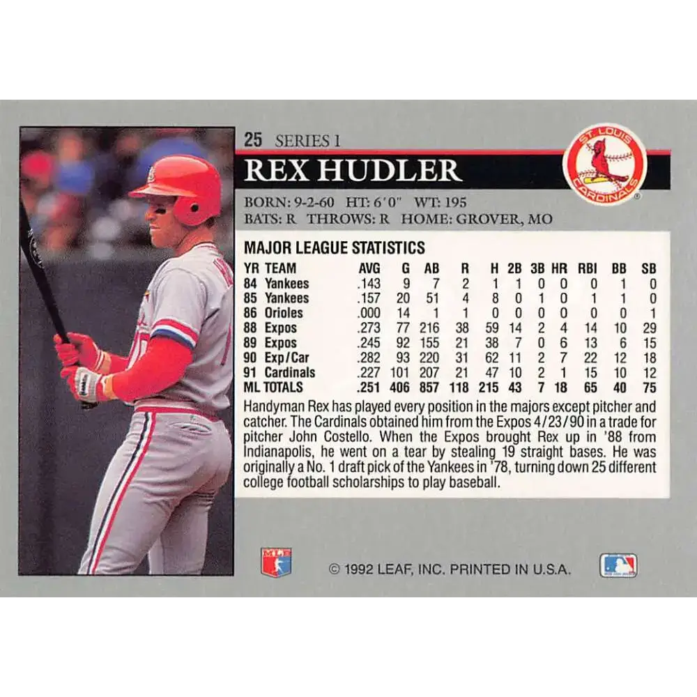 1992 Leaf #25 Rex Hudler NM-MT St. Louis Cardinals Baseball Card - Baseball Card Single