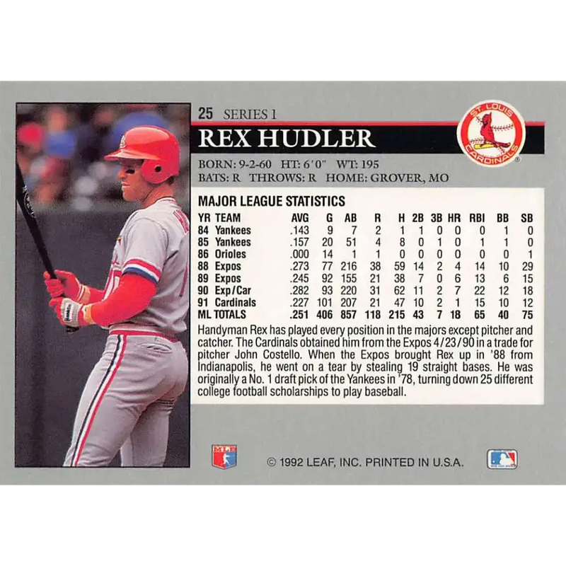 1992 Leaf #25 Rex Hudler NM-MT St. Louis Cardinals Baseball Card - Baseball Card Single