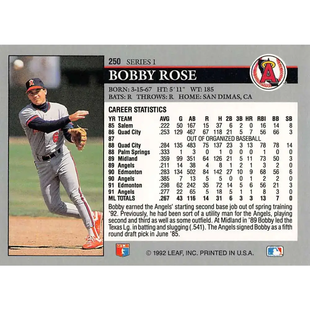 1992 Leaf #250 Bobby Rose NM-MT California Angels Baseball Card - Baseball Card Single