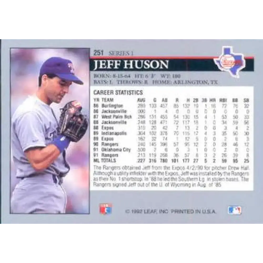 1992 Leaf #251 Jeff Huson NM-MT Texas Rangers Baseball Card - Baseball Card Single