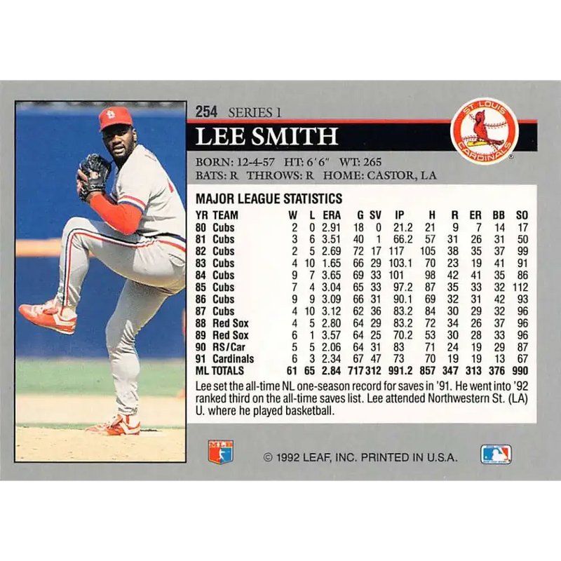 1992 Leaf #254 Lee Smith NM-MT St. Louis Cardinals Baseball Card - Baseball Card Single