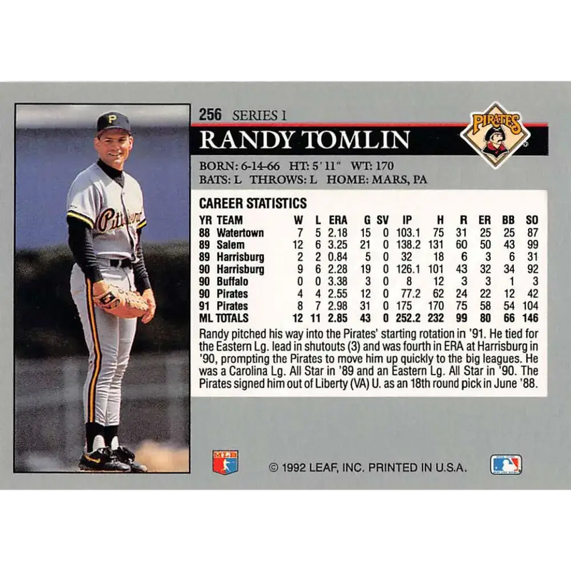 1992 Leaf #256 Randy Tomlin NM-MT Pittsburgh Pirates Baseball Card - Baseball Card Single
