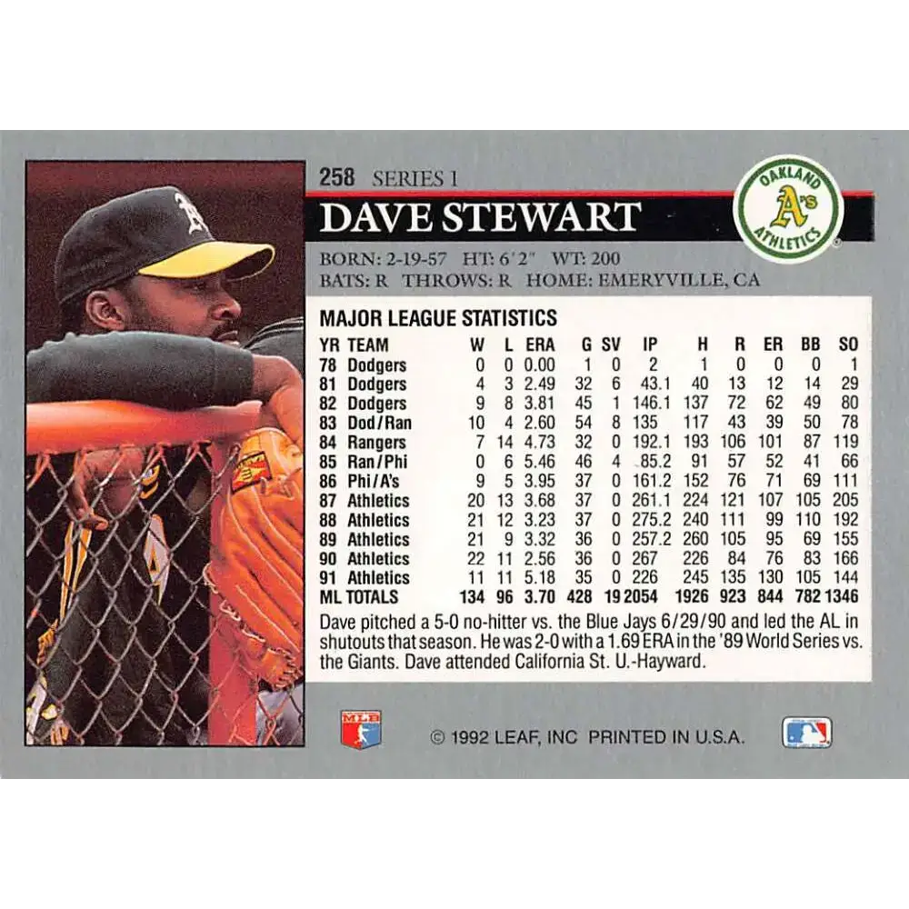 1992 Leaf #258 Dave Stewart NM-MT Oakland Athletics Baseball Card - Baseball Card Single