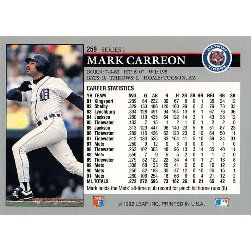 1992 Leaf #259 Mark Carreon NM-MT Detroit Tigers Baseball Card - Baseball Card Single