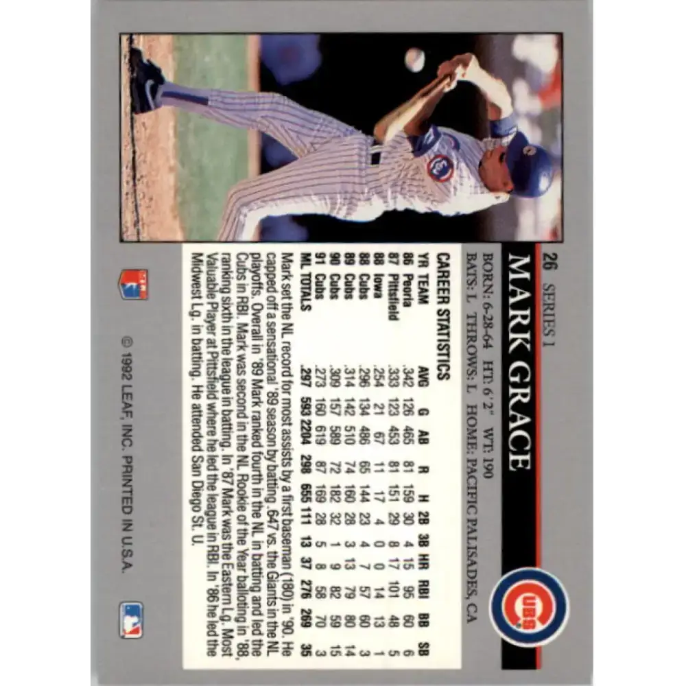 1992 Leaf #26 Mark Grace NM-MT Chicago Cubs Baseball Card - Baseball Card Single