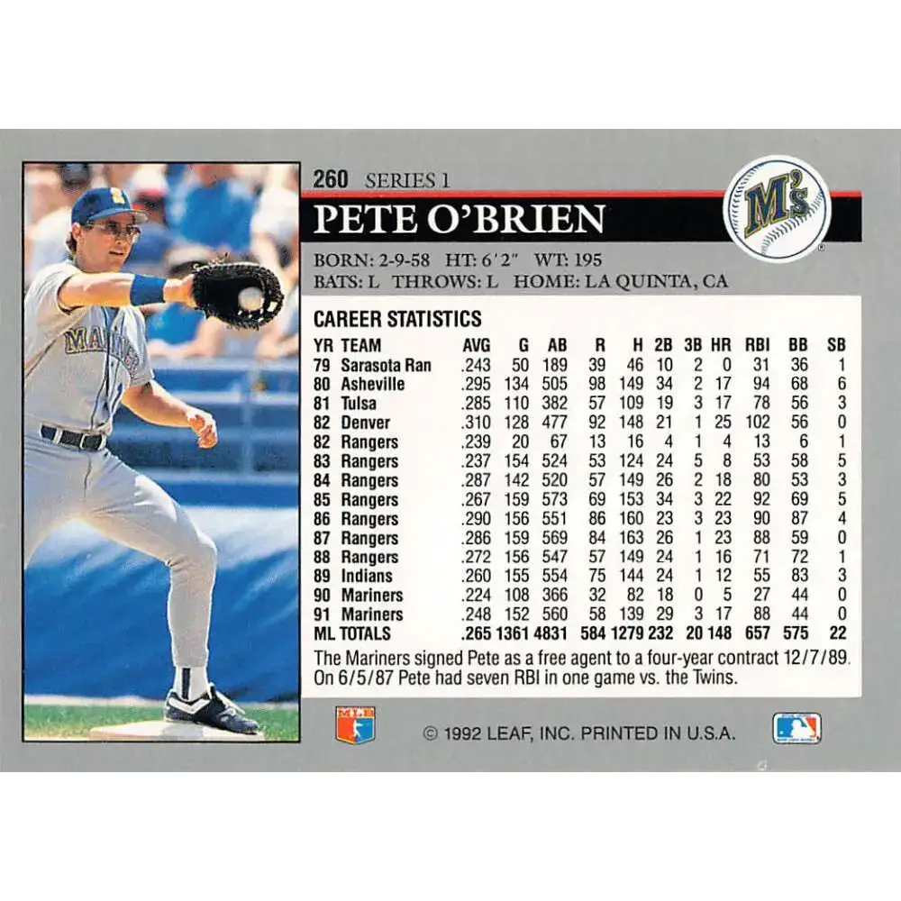 1992 Leaf #260 Pete O’Brien NM-MT Seattle Mariners Baseball Card - Baseball Card Single