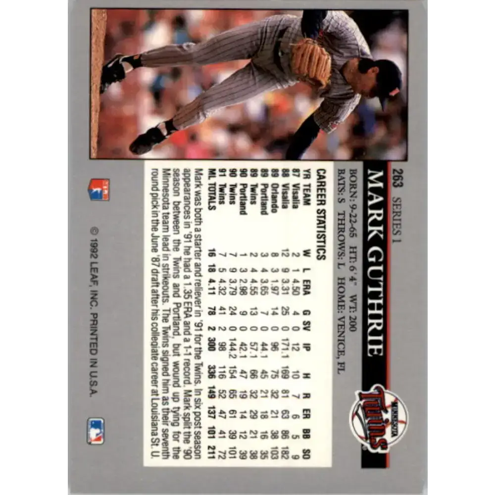 1992 Leaf #263 Mark Guthrie NM-MT Minnesota Twins Baseball Card - Baseball Card Single