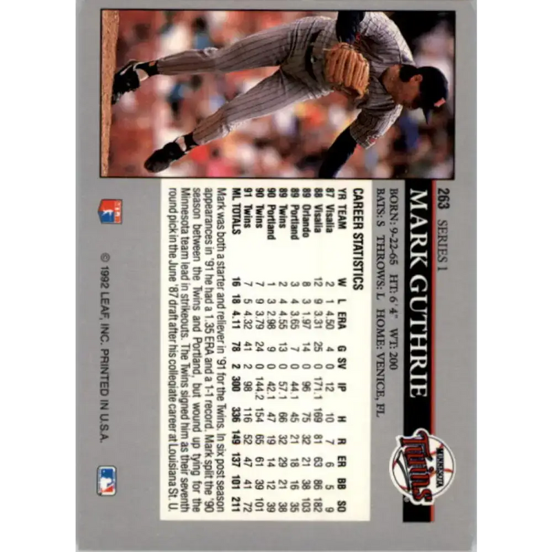 1992 Leaf #263 Mark Guthrie NM-MT Minnesota Twins Baseball Card - Baseball Card Single