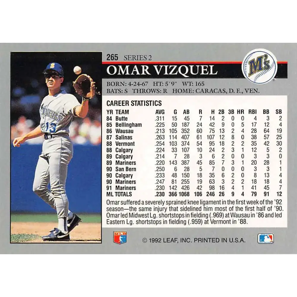 1992 Leaf #265 Omar Vizquel NM-MT Seattle Mariners Baseball Card - Baseball Card Single