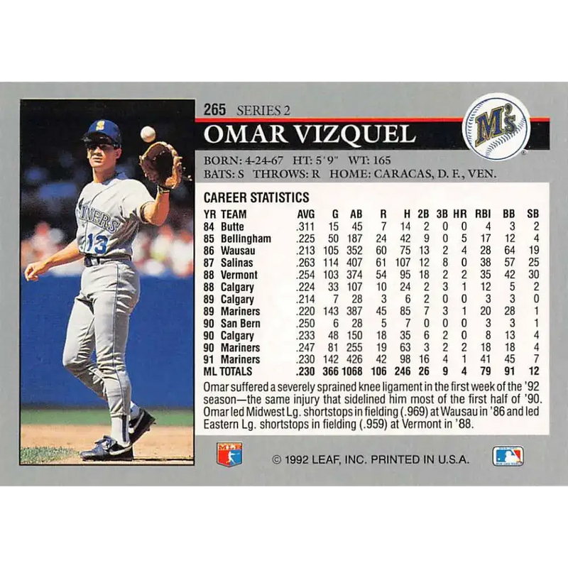 1992 Leaf #265 Omar Vizquel NM-MT Seattle Mariners Baseball Card - Baseball Card Single