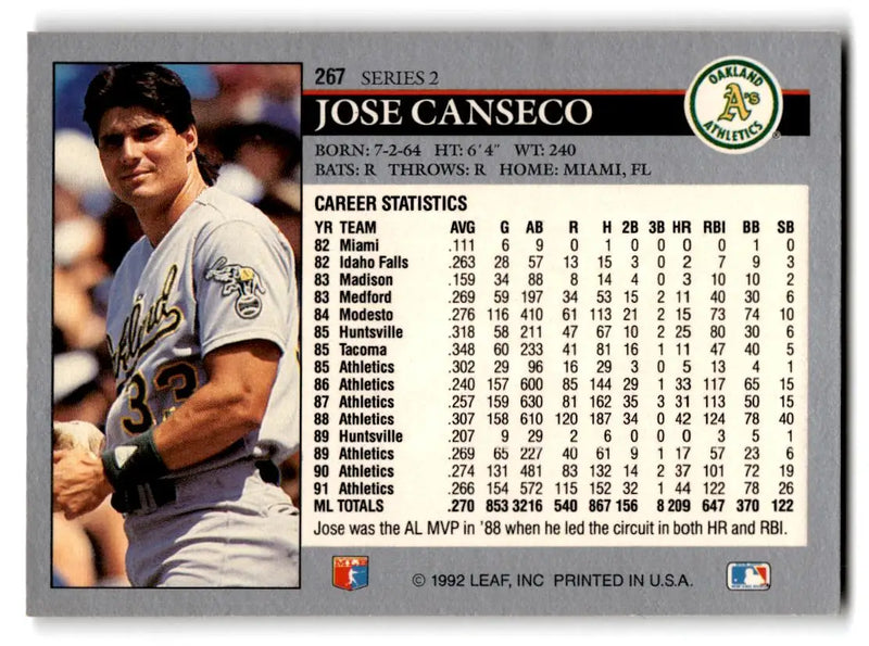 1992 Leaf #267 Jose Canseco - Baseball Card Single