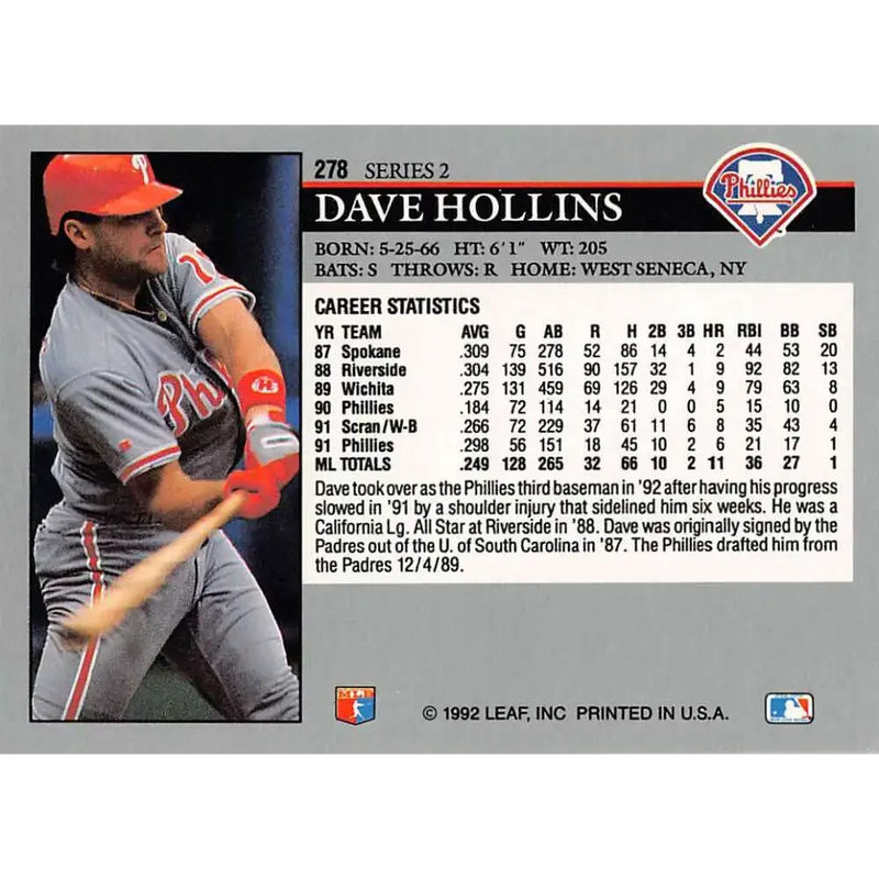 1992 Leaf #278 Dave Hollins NM-MT Philadelphia Phillies Baseball Card - Baseball Card Single