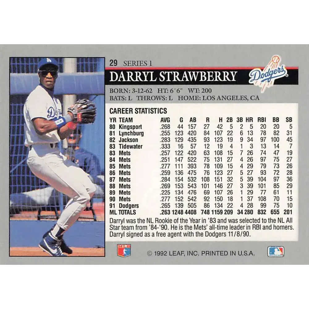 1992 Leaf #29 Darryl Strawberry NM-MT Los Angeles Dodgers Baseball Card - Baseball Card Single