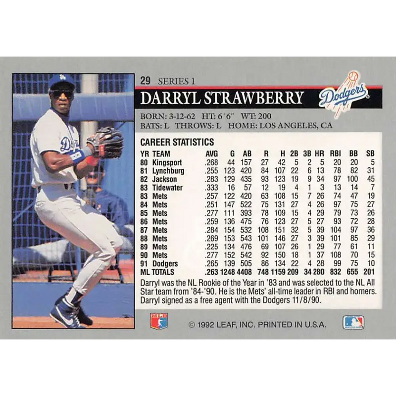 1992 Leaf #29 Darryl Strawberry NM-MT Los Angeles Dodgers Baseball Card - Baseball Card Single