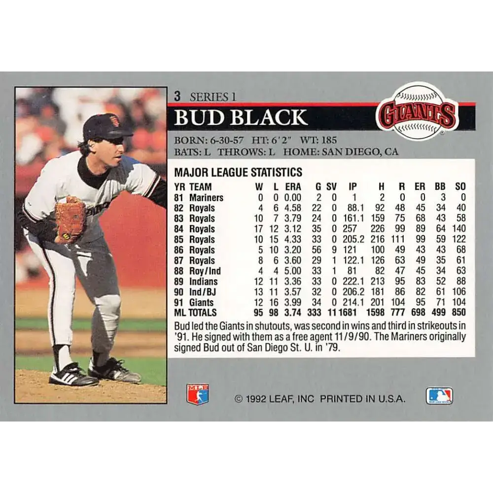 1992 Leaf #3 Bud Black NM-MT San Francisco Giants Baseball Card - Baseball Card Single