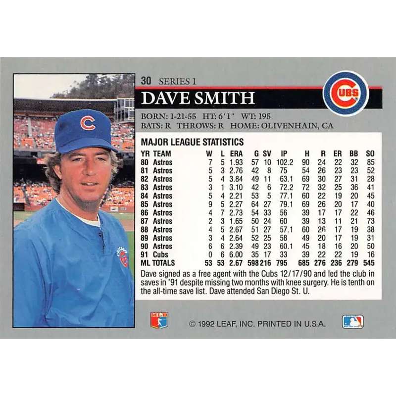 1992 Leaf #30 Dave Smith NM-MT Chicago Cubs Baseball Card - Baseball Card Single