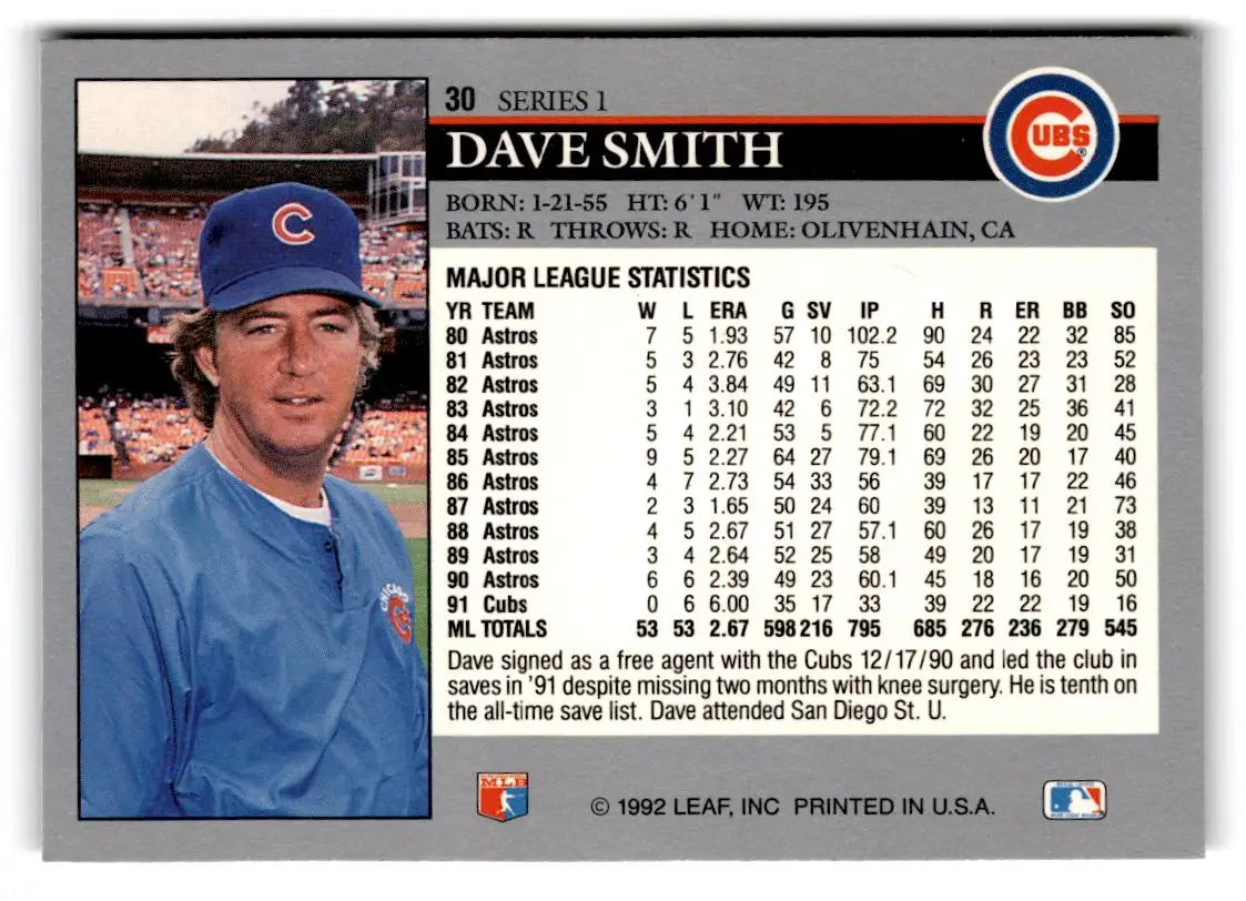 1992 Leaf #30a Dave Smith - Baseball Card Single