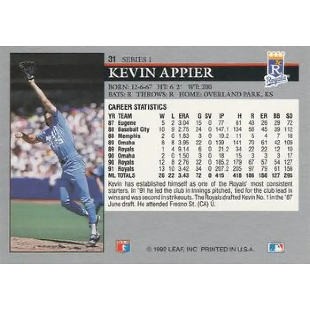 1992 Leaf #31 Kevin Appier NM-MT Kansas City Royals Baseball Card - Baseball Card Single